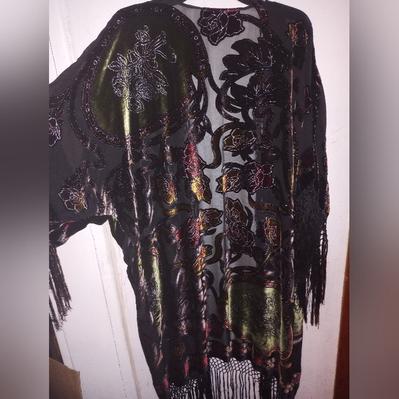 Aris A  Fringe Velvet Burnout Open Cardigan Multicolor One Size - Picture 3 of 8